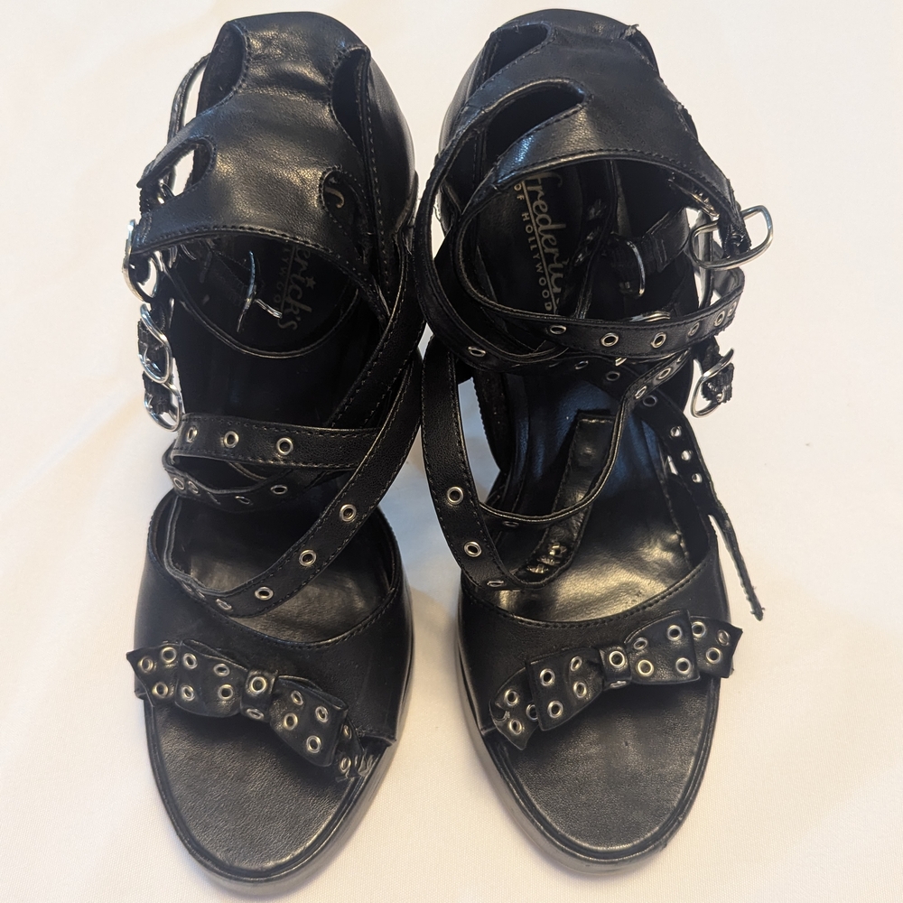 Frederick's of Hollywood Black Strappy Heels with Buckle Detail
